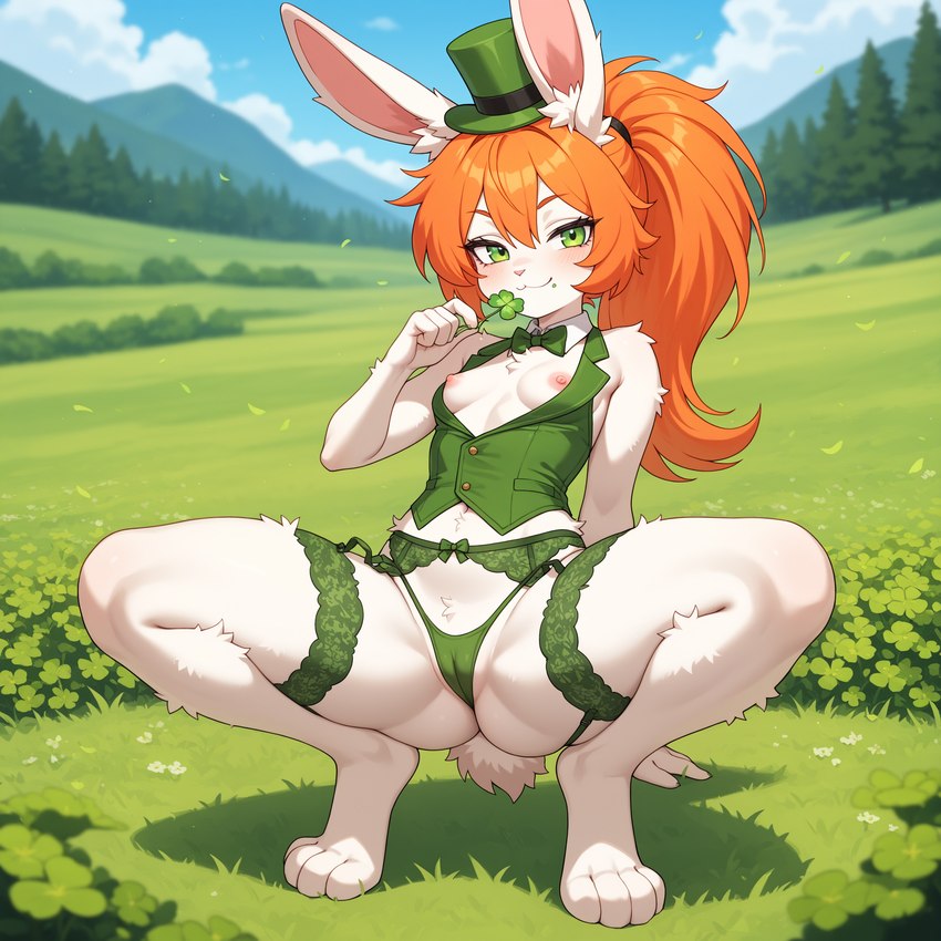 anthro blush bow_ribbon breasts camel_toe clothed clothing crouching digitigrade eating female fur garter_belt garter_straps grass green_eyes hair hat headgear headwear holding_object looking_at_viewer meadow mountains nipples orange_hair pink_nose plant ponytail scut_tail short_tail skimpy slim small_breasts solo thong top_hat topwear tree underwear vest white_body white_fur sagrael evelyn_blair_(sagrael) lagomorph leporid mammal rabbit hi_res