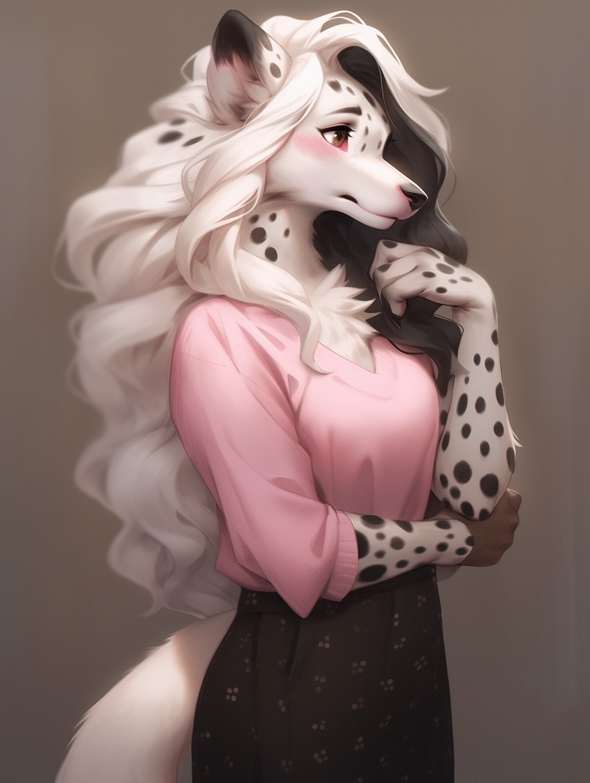 anthro blouse blush bottomwear brown_eyes clothing female fur hair pink_clothing simple_background skirt solo spots topwear tuft white_body white_fur sappy_(director) canid canine mammal hi_res portrait