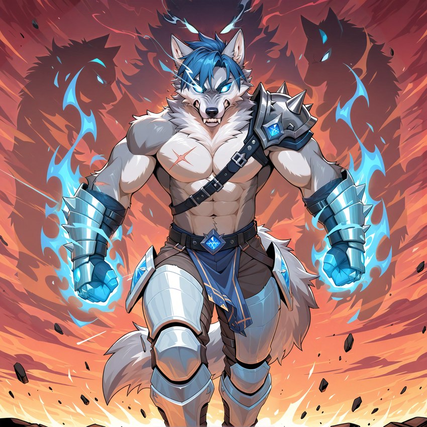 abs angry anthro armor belt biceps biped blue_eyes blue_hair bottomwear clothed clothing countershade_fur countershade_torso countershading facial_scar fangs fire fur gloves glowing glowing_eyes grey_body grey_fur group hair handwear loincloth looking_at_viewer magic male muscular muscular_anthro muscular_male navel neck_tuft pants pecs scar solo teeth topless topless_anthro topless_male tuft vambrace white_body white_fur thebigbradwulf brad_wulf_(thebigbradwulf) canid canine canis humanoid mammal wolf digital_media_(artwork) hi_res