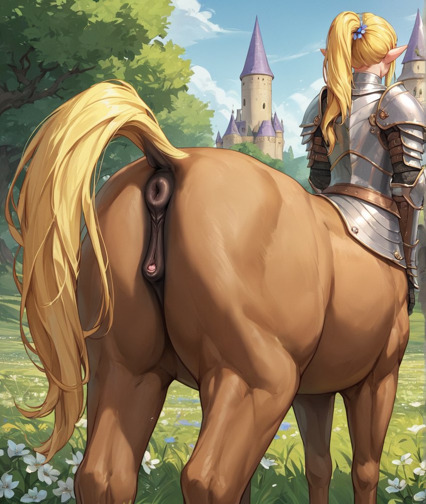 anatomically_correct anatomically_correct_genitalia animal_genitalia animal_pussy anus armor blonde_hair castle equine_anus equine_genitalia equine_pussy female flower_field forest genitals hair humanoid_pointy_ears plant ponytail pussy rear_view solo standing tree chlb centaur equid equid_taur humanoid_taur mammal mammal_taur taur hi_res