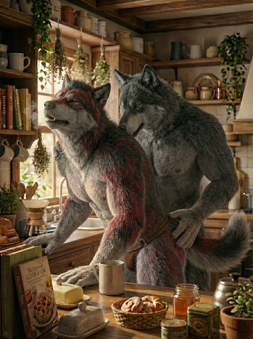 anthro beverage bottomwear brown_body brown_fur clothing coffee duo fur grey_body grey_fur humping kitchen leather leather_bottomwear leather_clothing male male/male moan morning muscular muscular_male red_body red_fur thong underwear sweet_husbando canid canine canis mammal wolf absurd_res hi_res