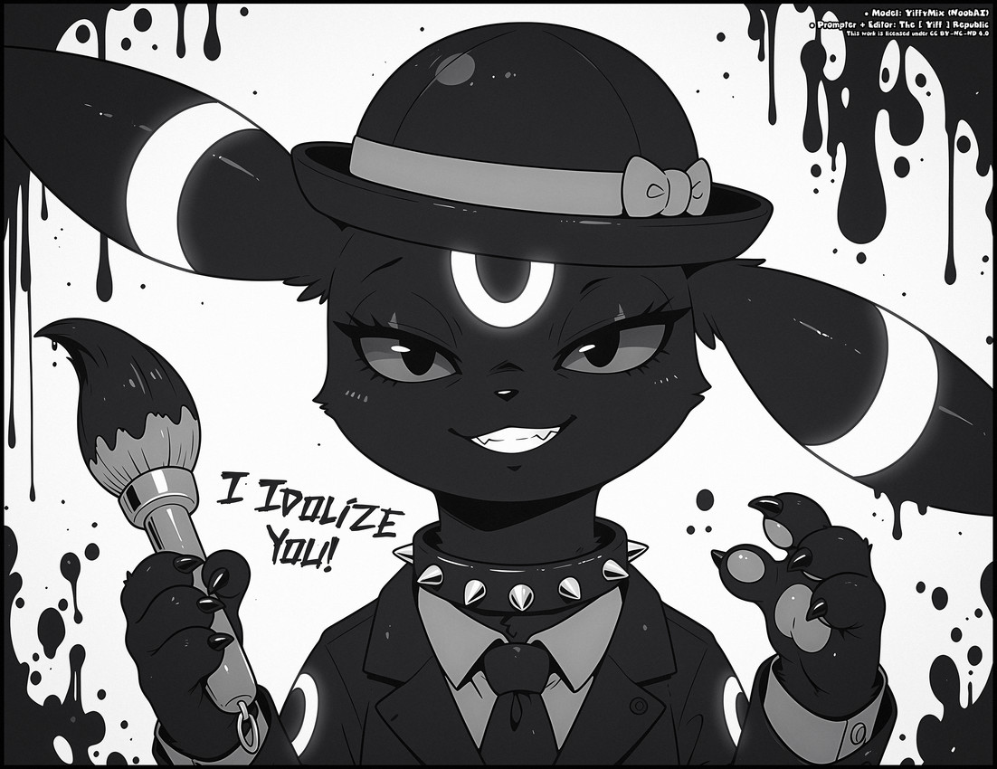 4_fingers black_claws bowler_hat brush claws clothed clothed_feral clothing collar eyelashes female feral fingers half-closed_eyes hat headgear headwear holding_brush holding_object ink ink_brush long_eyelashes looking_at_viewer narrowed_eyes necktie solo spiked_collar spikes the_yiff_republic nintendo pokemon selena_(the_yiff_republic) eeveelution generation_2_pokemon pokemon_(species) umbreon bow_(disambiguation) absurd_res hi_res monochrome portrait