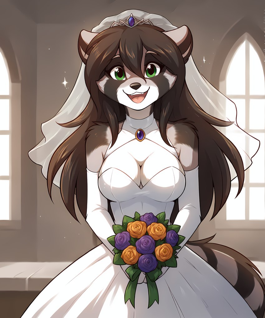 anthro bouquet breasts bride brown_hair cleavage clothed clothing crown detailed_background dress female flower fur green_eyes hair holding_flower holding_object inside long_hair looking_at_viewer open_mouth open_smile plant smile solo tiara twokinds veil wedding_dress white_body white_fur window anontk raccoon_girl_(tom_fischbach) mammal procyonid raccoon hi_res