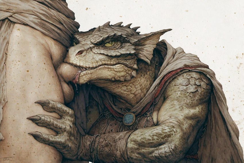 anthro balls clothed clothing duo fellatio genitals human_penetrating male male/male oral partially_clothed penetration penile penis sex side_view hyperion human lizard lizardman mammal reptile scalie