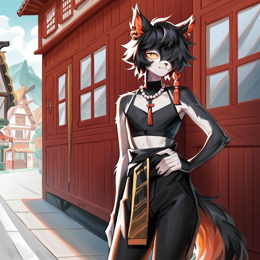 anthro beads black_bottomwear black_clothing black_hair black_nose black_pants bottomwear braided_hair building clothing crop_top ear_piercing ear_ring femboy fluffy fluffy_tail fur hair hand_on_hip jewelry kemono looking_at_viewer male midriff multicolored_body multicolored_fur necklace pants piercing pupils ring_piercing sash shirt slit_pupils solo topwear two_tone_body two_tone_fur window yellow yellow_sclera doctorwhut domestic_cat felid feline felis foo_dog komainu mammal yokai