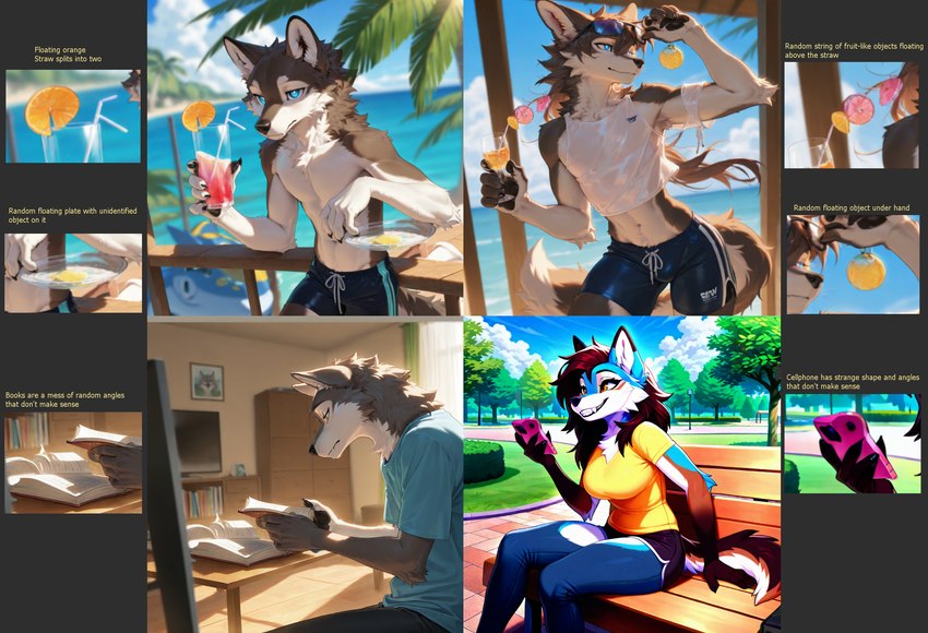 anthro beach beverage book clothed clothing female furniture inside male multi_panel outside phone plant seaside solo anonymous_director canid canine canis mammal wolf hi_res