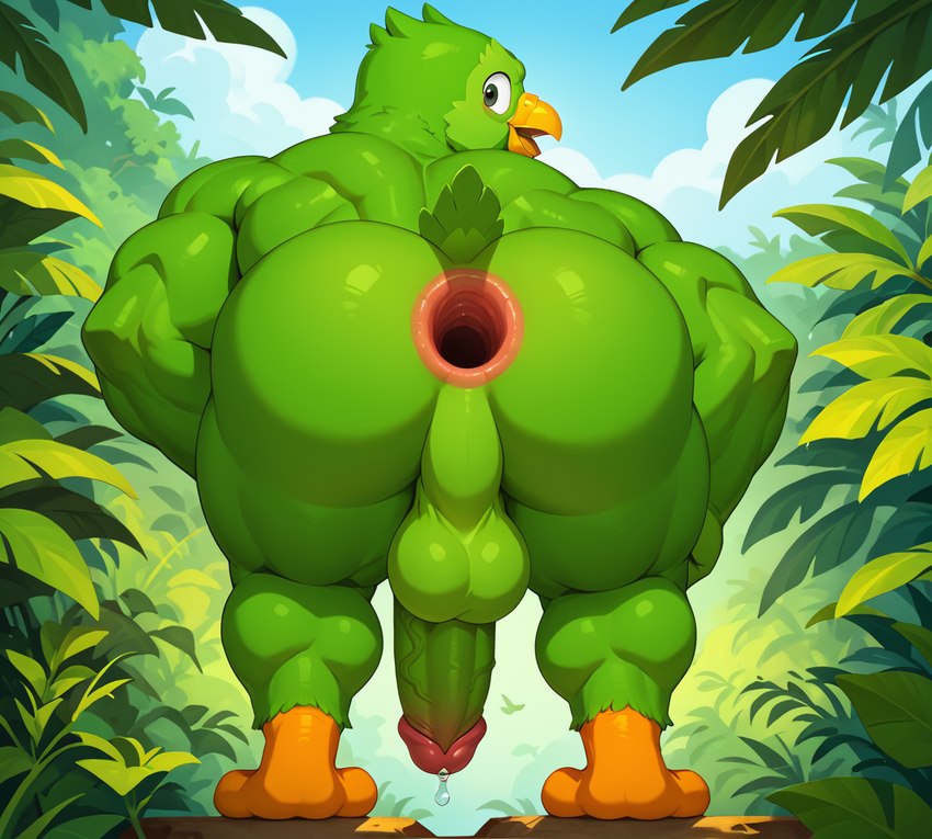 anthro anus back_muscles balls bara barazoku beak bent_over big_butt bodily_fluids butt erection gaping gaping_anus genital_fluids genitals green_body humanoid_genitalia humanoid_penis jungle looking_back male mascot muscular muscular_anthro muscular_male penis perineum precum puffy_anus rear_view solo standing talons vein veiny_penis rulethony34tano_(director) duo_(duolingo) avian bird owl