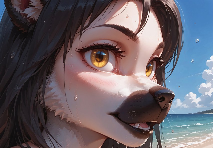 animal_ears anthro beach beach_background black_hair blush eyelashes face_focus female hair looking_at_viewer outdoors sea seaside smile solo water water_drops yellow_eyes director_yeenashaven hyaenid mammal invalid_tag absurd_res hi_res portrait