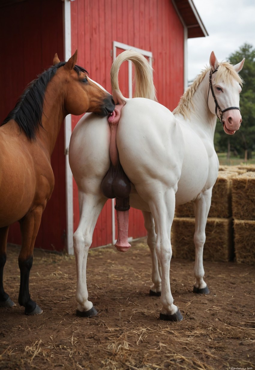 anal anal_penetration anatomically_correct anatomically_correct_genitalia animal_genitalia animal_penis anus balls barn brown_balls brown_body butt day duo equine_anus equine_genitalia equine_penis farm feral feral_on_feral genitals hay hay_bale licking looking_at_viewer looking_back looking_back_at_viewer male male/male oral outside penetration penis pink_anus pink_penis plant presenting presenting_anus presenting_hindquarters raised_tail realistic_feral rimjob rimming sex tongue tongue_out tree white_body potato_salad equid equine horse mammal hi_res