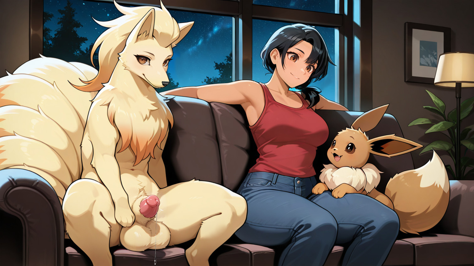 ambiguous_gender animal_genitalia balls black_hair blue_bottomwear blue_clothing blue_jeans blue_pants blush bottomwear brown_body brown_eyes brown_fur chest_tuft clothing cosmic_background denim denim_clothing erection female female_human feral fluffy_balls forepaw_on_penis fur furniture genitals group hair humanoid_genitalia humanoid_penis jeans lamp lipsticking looking_at_viewer looking_away looking_down_at_another looking_up male male/female neck_tuft night on_sofa pants penis photo picture_frame plant plant_pot ponytail presenting presenting_balls presenting_penis red_clothing red_shirt red_topwear sheath shirt short_hair side_by_side sitting sitting_on_sofa sky sofa star starry_background starry_sky tan_balls tan_body tan_fur topwear tree trio tuft commander_(director) nintendo pokemon flare_(commander) mia_(commander) eevee generation_1_pokemon human mammal ninetales pokemon_(species) hi_res story story_in_description