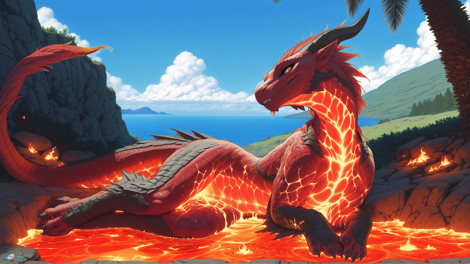 black_body black_scales claws cloud detailed_background eyelashes fangs female feral fire forest glowing glowing_eyes horn inner_ear_fluff island lava looking_at_viewer lying majestic mane mythology on_side palm_tree plant red_body red_mane red_scales rock sand scales sea seaside smile solo summer tail teeth tree tuft water yellow_eyes chrisphoenix dragon mythological_creature mythological_scalie scalie absurd_res detailed hi_res huge_filesize
