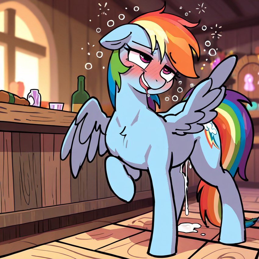 bar blush bodily_fluids cum cum_drip dripping drooling drunk female feral genital_fluids one_leg_up raised_head raised_leg saliva solo substance_intoxication wings girka my_little_pony rainbow_dash_(mlp) equid equine horse mammal pegasus pony