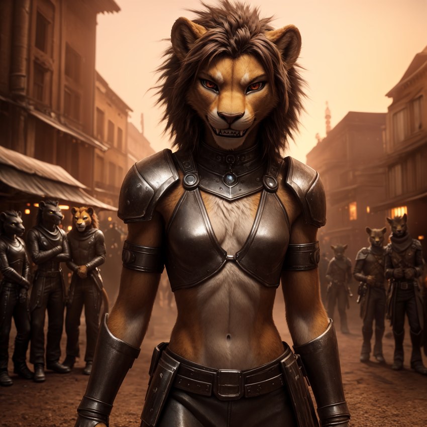 anthro armor belt bottomwear bracers breasts brown_hair building clothed clothing crowd dirt dust evil_grin female group hair messy_hair midriff navel outside pants pauldron public red_eyes small_breasts smile solo standing teeth town walking wasteland argon-42 felid lion mammal pantherine detailed half-length_portrait hi_res portrait