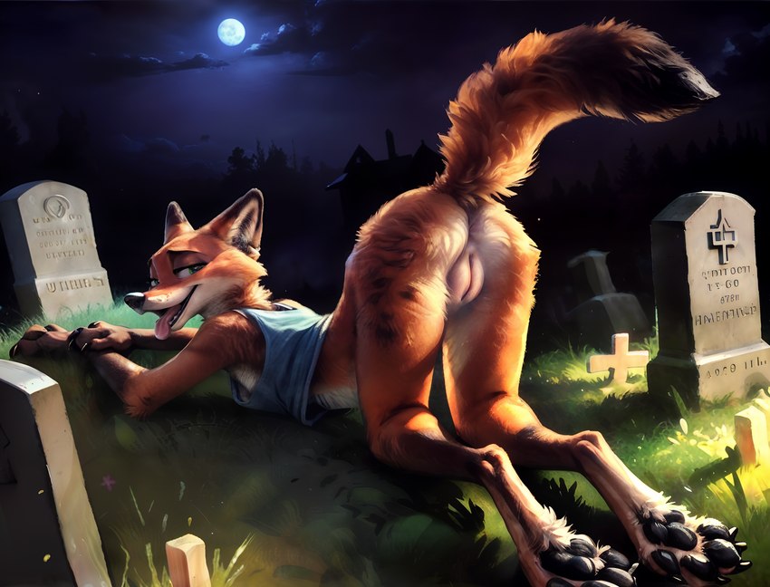 anthro ass_up bedroom_eyes bottomless bottomless_female butt butt_focus casual_exposure cemetery clothed clothing crossgender disney female forest genitals looking_at_viewer looking_back looking_back_at_viewer moon mtf_crossgender narrowed_eyes night night_sky nonsense_text on_all_fours outside plant presenting presenting_hindquarters presenting_pussy public public_exposure pussy raised_tail rear_view seductive solo tombstone tongue tongue_out tree heck_incarnate zootopia nick_wilde canid canine fox mammal hi_res