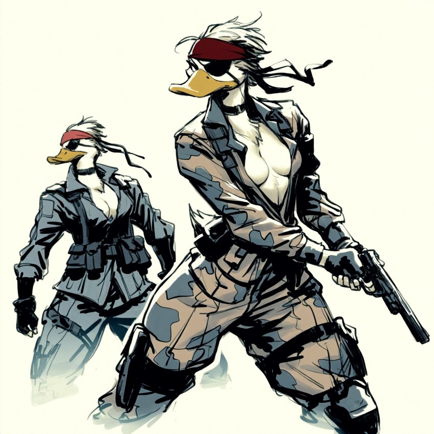 anthro bandanna belt breasts cleavage clothed clothing eye_patch eyewear female fingerless_gloves gloves gun handwear holding_object holding_weapon holster inner_boob kerchief metal_gear military_uniform open_clothing open_topwear pose ranged_weapon solo standing topwear uniform weapon anonymous_director anatid anseriform avian bird duck hi_res novelai