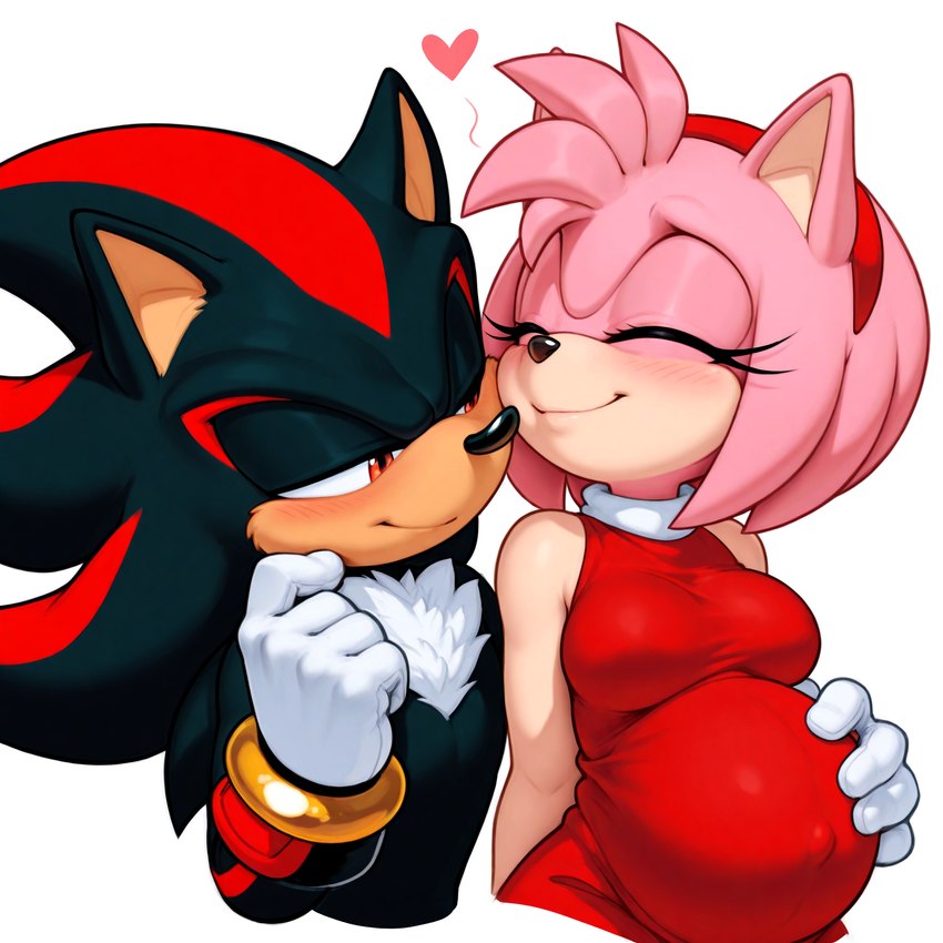 <3 anthro clothing duo female gloves handwear holding_belly love male male/female pregnant pregnant_anthro pregnant_female romantic romantic_couple simple_background white_background onevice sonic_the_hedgehog_(series) amy_rose shadow_the_hedgehog eulipotyphlan hedgehog mammal hi_res