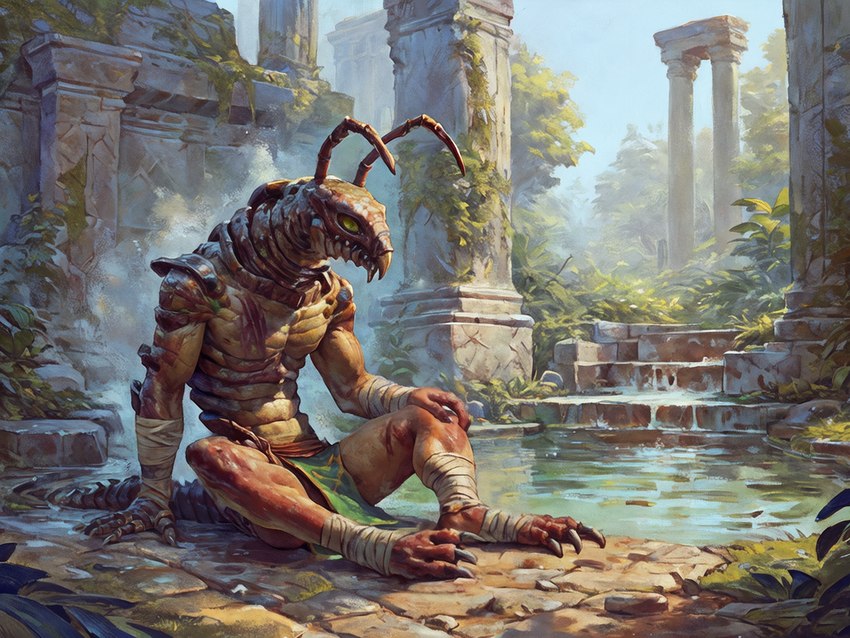 3_toes antennae_(anatomy) anthro arm_wraps bandage blue_sky bottomwear brown_body brown_scales claws clothed clothing column compound_eyes day feet foot_wraps fountain loincloth male mandibles on_ground outside overgrown partially_clothed plant pool rock ruins scales scar segmented_body shrub sitting sitting_on_ground sky solo spread_legs spreading tabard three-quarter_view toes vines water wounded wraps imperialhorizon animal_humanoid arthropod arthropod_humanoid centipede humanoid insect insect_humanoid myriapod full-length_portrait hi_res portrait