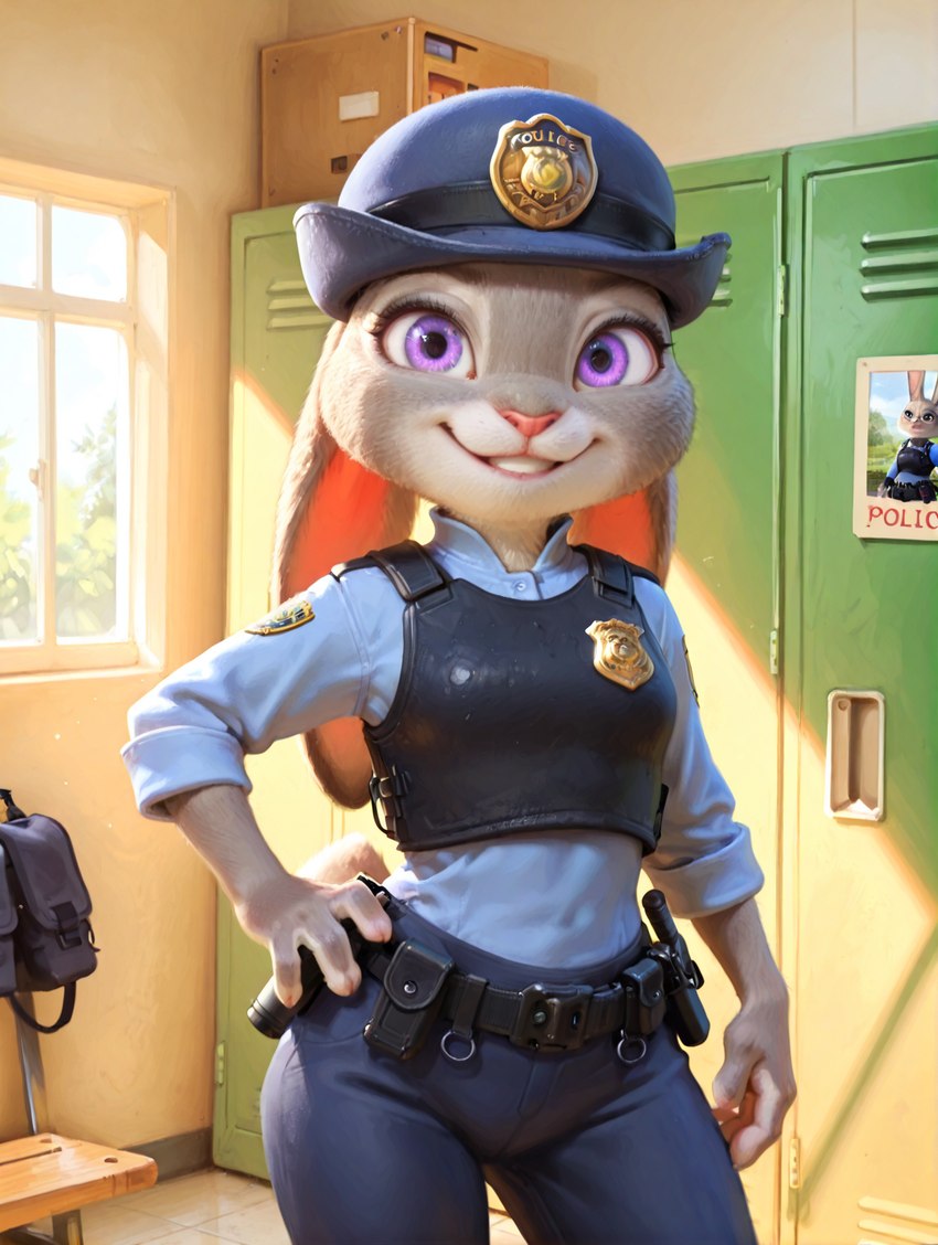 anthro breasts bulletproof_vest clothing disney female front_view fur furniture hand_on_hip locker_room looking_at_viewer office police_badge police_hat police_uniform purple_eyes small_breasts smile solo standing uniform window majorrenegade zootopia judy_hopps lagomorph leporid mammal rabbit detailed hi_res