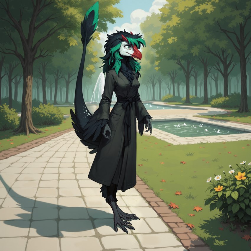 anthro beak black_body black_hair breasts clothing coat feathered_arms female fountain grass green_eyes green_highlights hair highlights_(coloring) horn long_tail looking_away messy_hair park plant raised_tail red_beak red_horn scuted_hands scuted_legs scutes slim small_breasts smile solo spots standing toothed_beak topwear tree white_face oldhroft avian nevrean full-length_portrait hi_res portrait