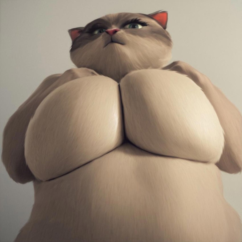 anthro big_breasts breasts covering covering_breasts covering_self female grey_body huge_breasts looking_at_viewer nude photo photorealism solo standing doggyboy20 domestic_cat felid feline felis mammal