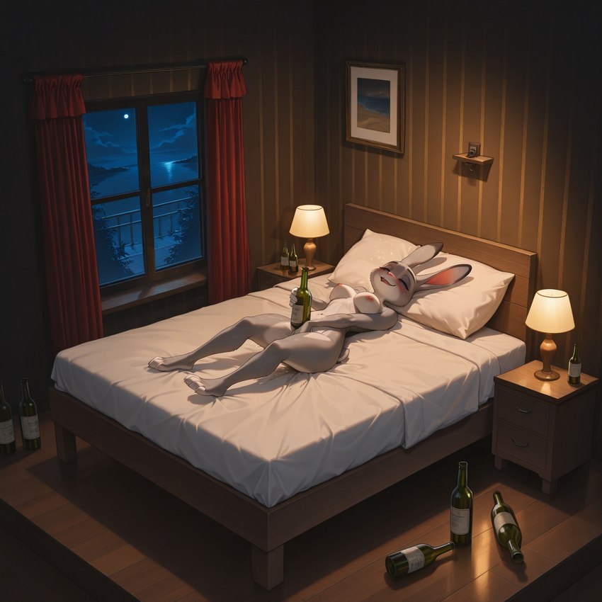 alcohol anthro bed bedroom beverage bottle breasts disney drunk female furniture inside isometric looking_pleasured lying masturbating masturbation night nipples nude on_back on_bed smile solo substance_intoxication girka zootopia judy_hopps lagomorph leporid mammal rabbit hi_res