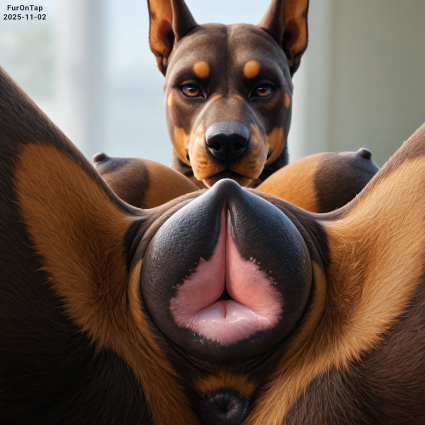 animal_genitalia animal_pussy anthro anus big_breasts black_nose blurred_background breasts brown_body brown_eyes brown_fur canine_genitalia canine_pussy close-up detailed_fur female fur genitals looking_at_viewer low-angle_view mouth_closed multicolored_body multicolored_fur nipples nude nude_anthro nude_female presenting presenting_pussy pussy realistic realistic_fur simple_background solo spread_legs spreading two_tone_body two_tone_fur furontap canid canine canis dobermann domestic_dog mammal pinscher 1:1 2025 colored detailed
