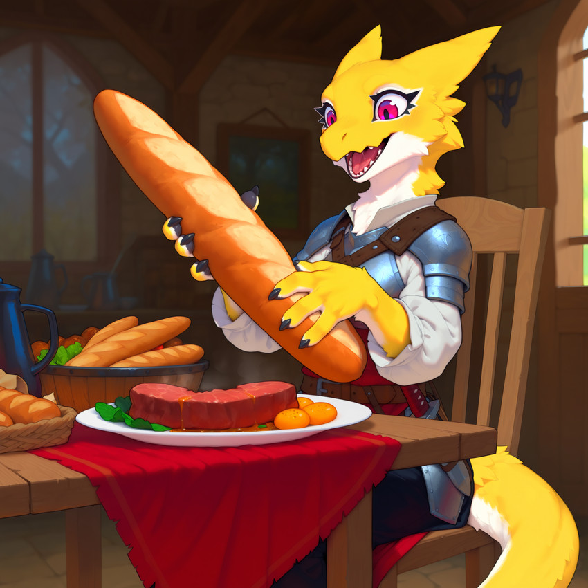 4_fingers anthro baguette belt black_claws bodily_fluids bread brick_floor brick_wall chair claws clothing container detailed_background dress female fingers food fur furniture happy holding_food holding_object inside looking_at_object looking_down meat medieval medieval_background medieval_clothing melee_weapon on_chair open_mouth painting_(object) pink_eyes saliva shoulder_armor sitting sitting_on_chair solo sword table tail tail_tuft tuft wall_(structure) weapon white_body white_fur window_light yellow_body yellow_fur adragocult jaune_(adragocult) furred_kobold furred_scalie kobold scalie absurd_res hi_res