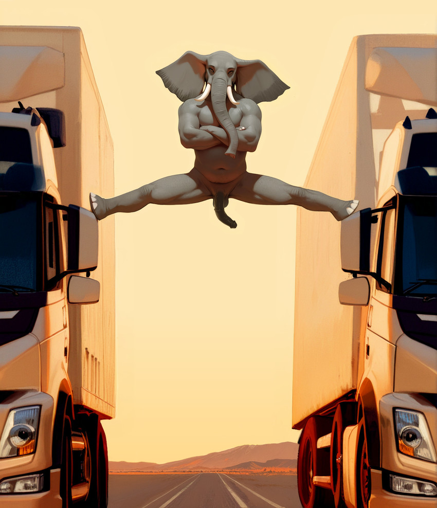 animal_genitalia animal_penis anthro balls belly big_ears big_penis biped black_penis chubby_anthro chubby_male crossed_arms desert feet flaccid flexible foreskin genitals grey_balls grey_body grey_penis grey_skin humanoid_genitalia humanoid_penis looking_at_viewer male musclegut muscular muscular_anthro muscular_male navel nude outdoor_nudity outside pecs penis pose road sky slightly_chubby smile solo splits spread_legs spreading truck_(vehicle) trunk tusks vehicle soloko elephant elephantid mammal proboscidean digital_media_(artwork) hi_res