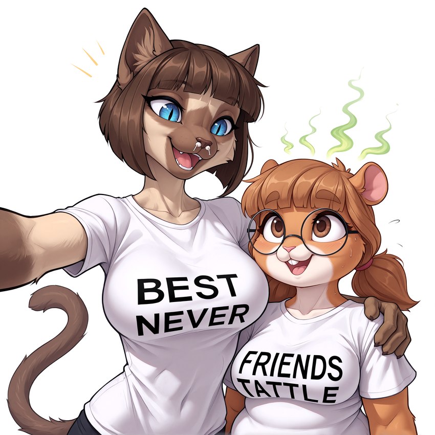 anthro biped blue_eyes breasts brown_eyes duo eyewear female glasses hand_on_shoulder inner_ear_fluff prick_ears smelly tuft anonymous_director invoke_high felid feline mammal mouse murid murine rodent 1:1 hi_res