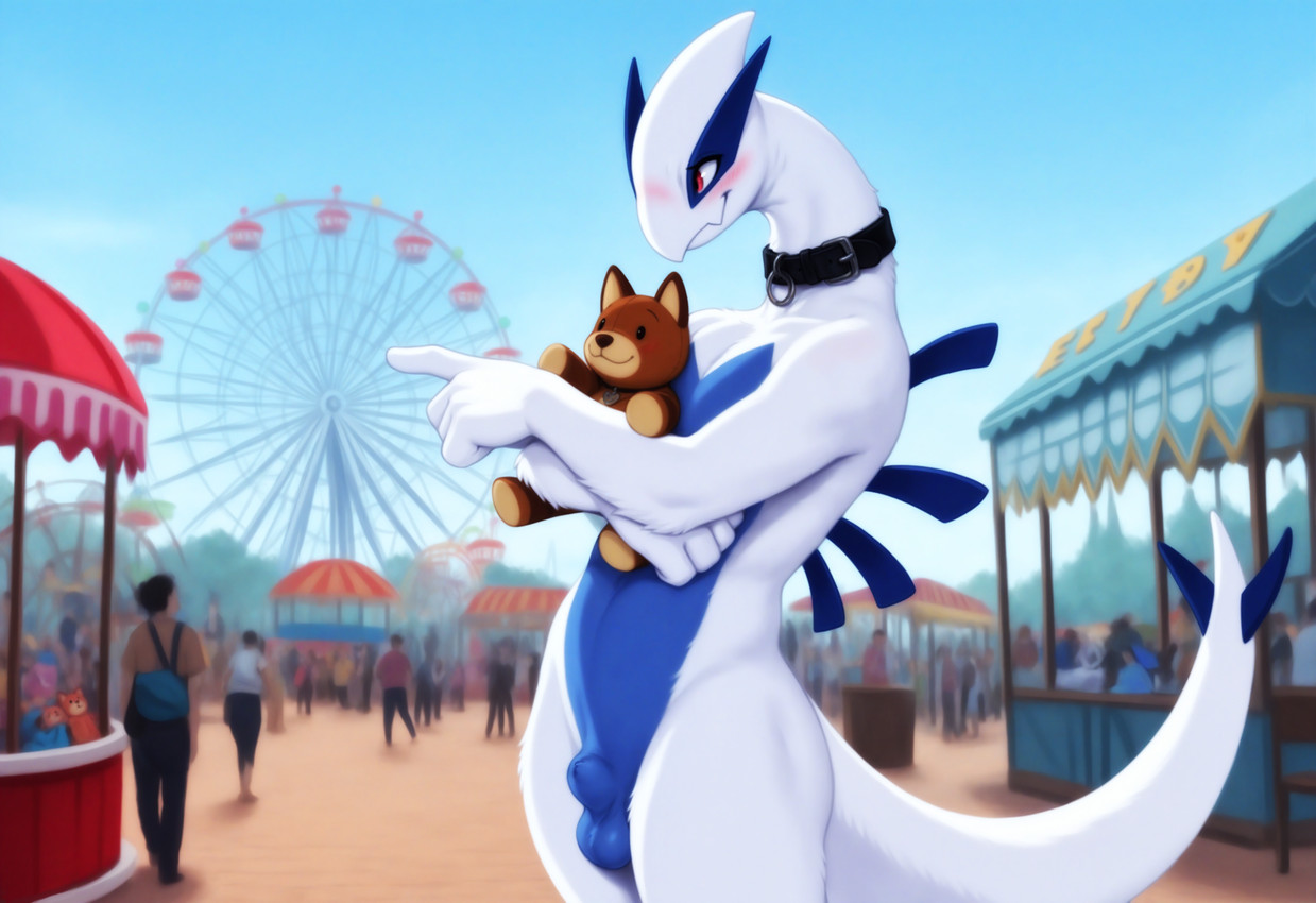 amusement_park animal_genitalia anthro balls belly blue_belly collar crowd exhibitionism femboy fully_sheathed fur genitals gesture group happy holding_object looking_away male multicolored_body plushie pointing public public_nudity red_eyes sheath shy small_balls smile solo_focus tail two_tone_body white_body netchicken nintendo pokemon generation_2_pokemon human legendary_pokemon lugia mammal pokemon_(species) hi_res