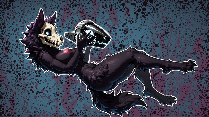 abstract_background anthro black_body black_fur bone breasts female fur holding_object nipples nude outline paws protogen_visor side_view skull skull_head solo tuft traialas mal0 scp-1471-a canid mammal hi_res