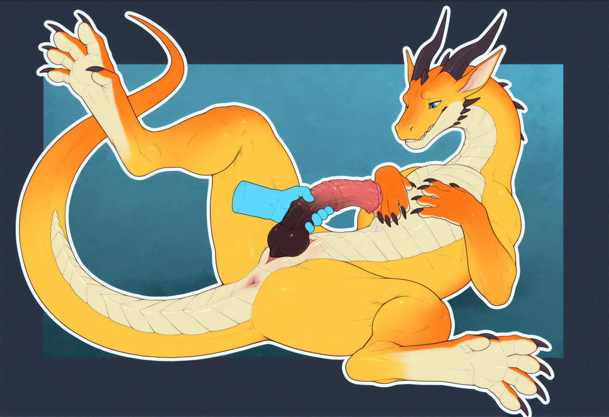 abstract_background animal_genitalia animal_penis anus blue_eyes blue_sclera bodily_fluids dewclaw disembodied_hand equine_penis feral genital_fluids genital_slit genitals handjob hybrid_genitalia hybrid_penis knot knotted_equine_penis leaking_precum male medial_ring mythology outline penile penis precum ridged_penis scales sex simple_background slit solo spread_legs spreading ventral_scales white_outline yellow_body latiodile dragon mythological_creature mythological_scalie scalie wingless_dragon hi_res