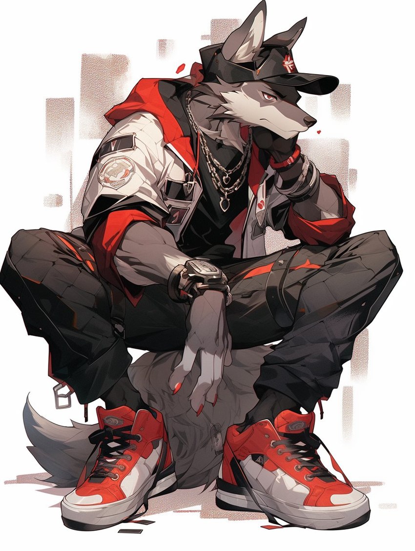 anthro bracelet chain clock clothing colored_nails footwear fur furgonomics_headwear grey_body grey_fur hat headgear headwear jacket jewelry male nails niji_journey red_eyes shoes simple_background solo streetwear topwear watch white_background spacetime933 canid canine mammal hi_res