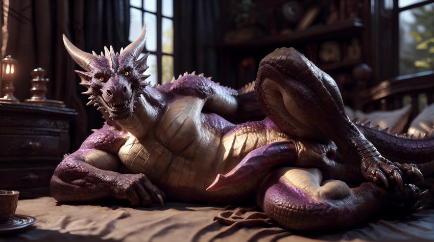 anatomically_correct anatomically_correct_genitalia animal_genitalia anthro anus bed bedroom big_penis detailed_background erection furniture genitals horn inviting light looking_at_viewer lying lying_on_bed male muscular nude on_bed pecs penis presenting purple_body realistic scales slit smile solo spread_legs spreading tapering_penis yellow_eyes notte dragon reptile scalie 16:9 4k colorful detailed full-length_portrait hi_res lighting portrait shaded soft_shading warm_colors widescreen