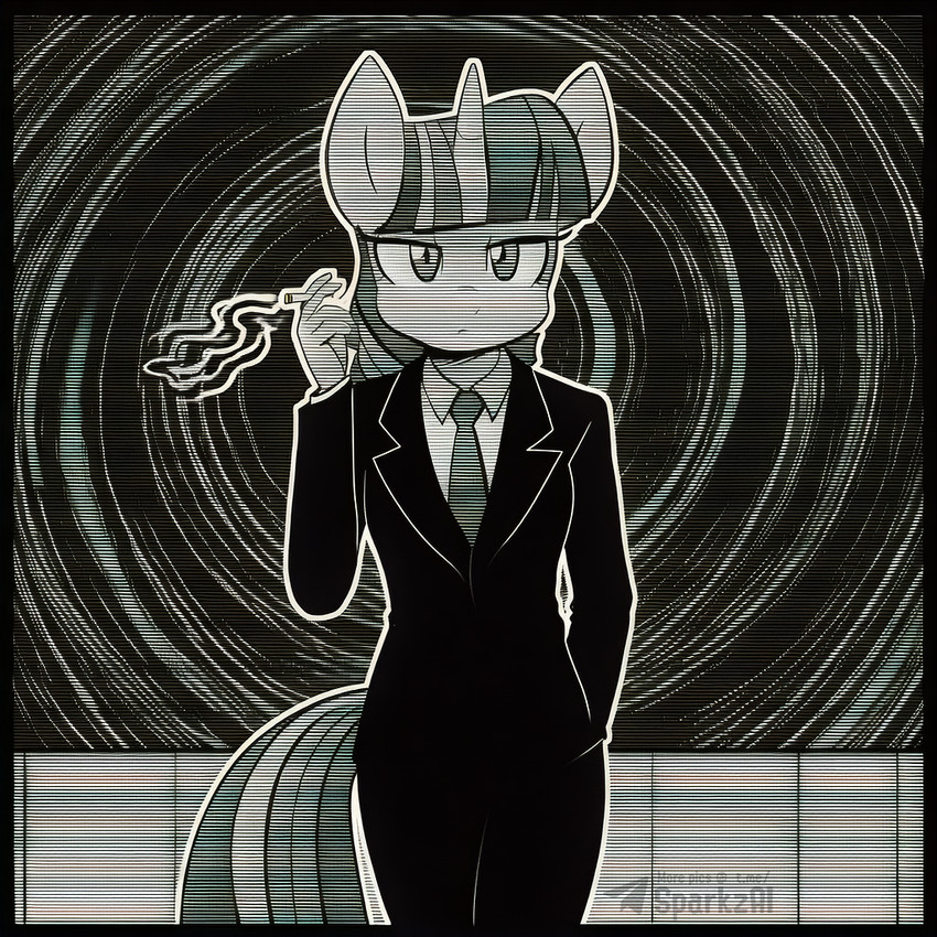 anthro anthrofied biped black_border border cigarette clothed clothing female hair horn looking_at_viewer necktie scanlines smoke smoking solo standing suit telegram telegram_logo text sergalbutt friendship_is_magic my_little_pony the_twilight_zone twilight_sparkle_(mlp) equid equine horse mammal pony unicorn 1:1 director_name monochrome signature url