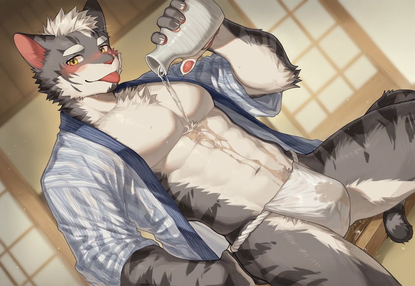 alcohol anthro asian_clothing beverage big_pecs chest_tuft clothing countershading drunk dutch_angle east_asian_clothing fundoshi fur grey_body grey_fur hair inside japanese_clothing looking_at_viewer male markings pawpads pecs pouring_onto_self sake sake_cup sitting solo striped_markings striped_tail stripes substance_intoxication tail_markings tongue tongue_out tuft underwear wet wet_clothing wet_underwear white_body white_countershading white_hair yellow_eyes yukata domestic_cat felid feline felis mammal hi_res