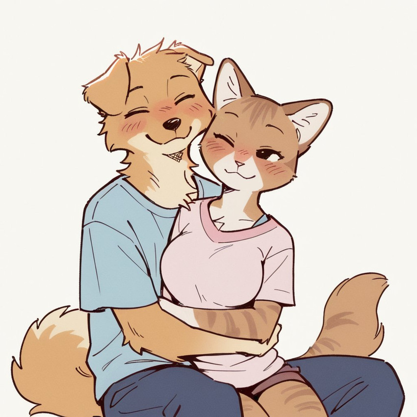 anthro black_nose blush bottomwear breasts brown_body brown_fur cheek_tuft clothed clothing dipstick_tail duo elbow_tuft embrace eyes_closed facial_tuft female floppy_ears front_view fur happy head_tuft hug inner_ear_fluff long_tail looking_at_another looking_at_partner male male/female markings medium_breasts narrowed_eyes neck_tuft on_lap one_eye_closed pants shirt shorts simple_background sitting smile striped_body striped_fur stripes tail_markings topwear tuft white_background white_body white_fur iacabria canid canine canis domestic_cat domestic_dog felid feline felis mammal