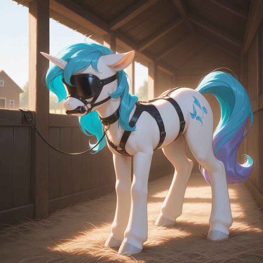 ambiguous_gender barn bdsm bit_gag blindfold blue_hair blue_mane blue_tail bondage_gear bridle collar covered_eyes cutie_mark day detailed_background ears_back farm female feral gag hair hay hooves horn inside leash leashed_collar light mane mane_hair mask on_hay petplay pivoted_ears ponyplay prompt quadruped roleplay solo stable standing straps submissive submissive_female submissive_feral sunlight tail two_tone_tail wall_(structure) white_body wood_wall wooden_building zukinewcuteill_(model) mechanic_31 equid equine horse mammal pony unicorn colored detailed full-length_portrait hi_res portrait prompt_metainfo shaded three-quarter_portrait