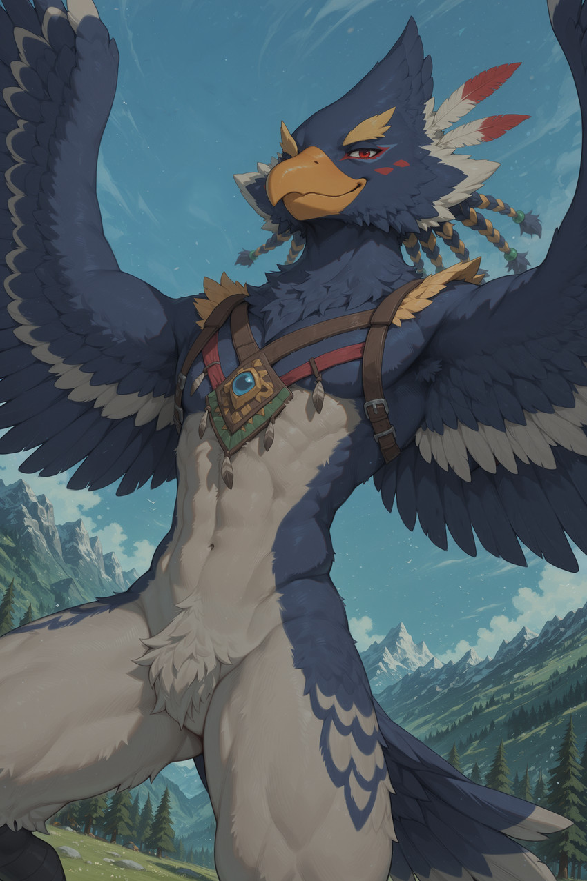 anthro beak blue_body blue_feathers blue_sky cloud feathered_wings feathers featureless_crotch male mostly_nude mountains navel one_eye_closed plant red_eyes sky smile solo tail_feathers tree white_body white_feathers wings mlem_(director) nintendo the_legend_of_zelda revali avian rito hi_res