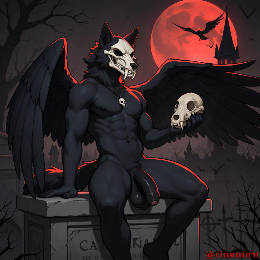abs anthro balls big_penis biped black_balls black_body black_claws black_fur black_nipples black_penis blood_moon bone cemetery claws creepy cross empty_eyes fangs flaccid foreskin front_view fur genitals glans holding_object holding_skull humanoid_genitalia humanoid_penis jewelry male moon necklace night nipples nude outside penis pink_glans red_moon saggy_balls sitting skull skull_head solo spread_wings teeth unretracted_foreskin wings vianaiart canid canine canis humanoid mammal wolf absurd_res director_name hi_res
