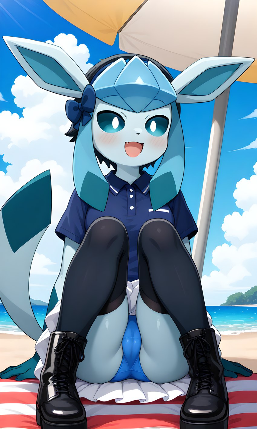 anthro bottomwear camel_toe clothed clothing clothing_lift female skirt skirt_lift solo upskirt nintendo pokemon eeveelution generation_4_pokemon glaceon pokemon_(species) absurd_res hi_res