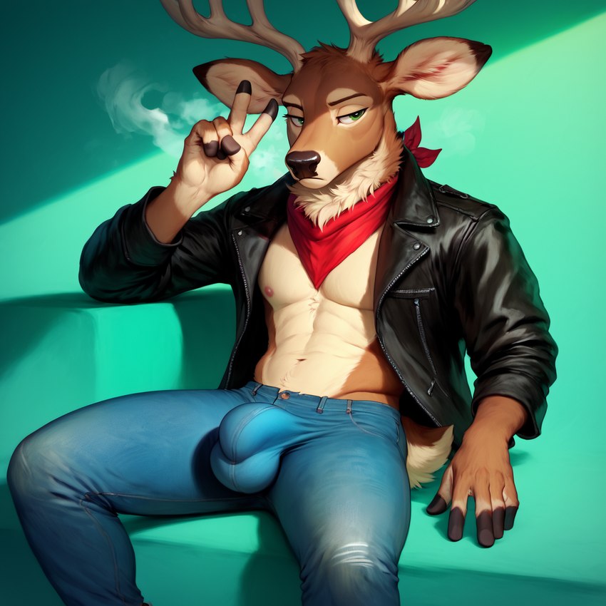 anthro antlers bandanna bottomwear bulge clothing denim denim_clothing horn jacket jeans kerchief leather leather_clothing leather_jacket leather_topwear male nipples pants sitting solo topwear matt3985_(director) phazon cervid cervine mammal hi_res