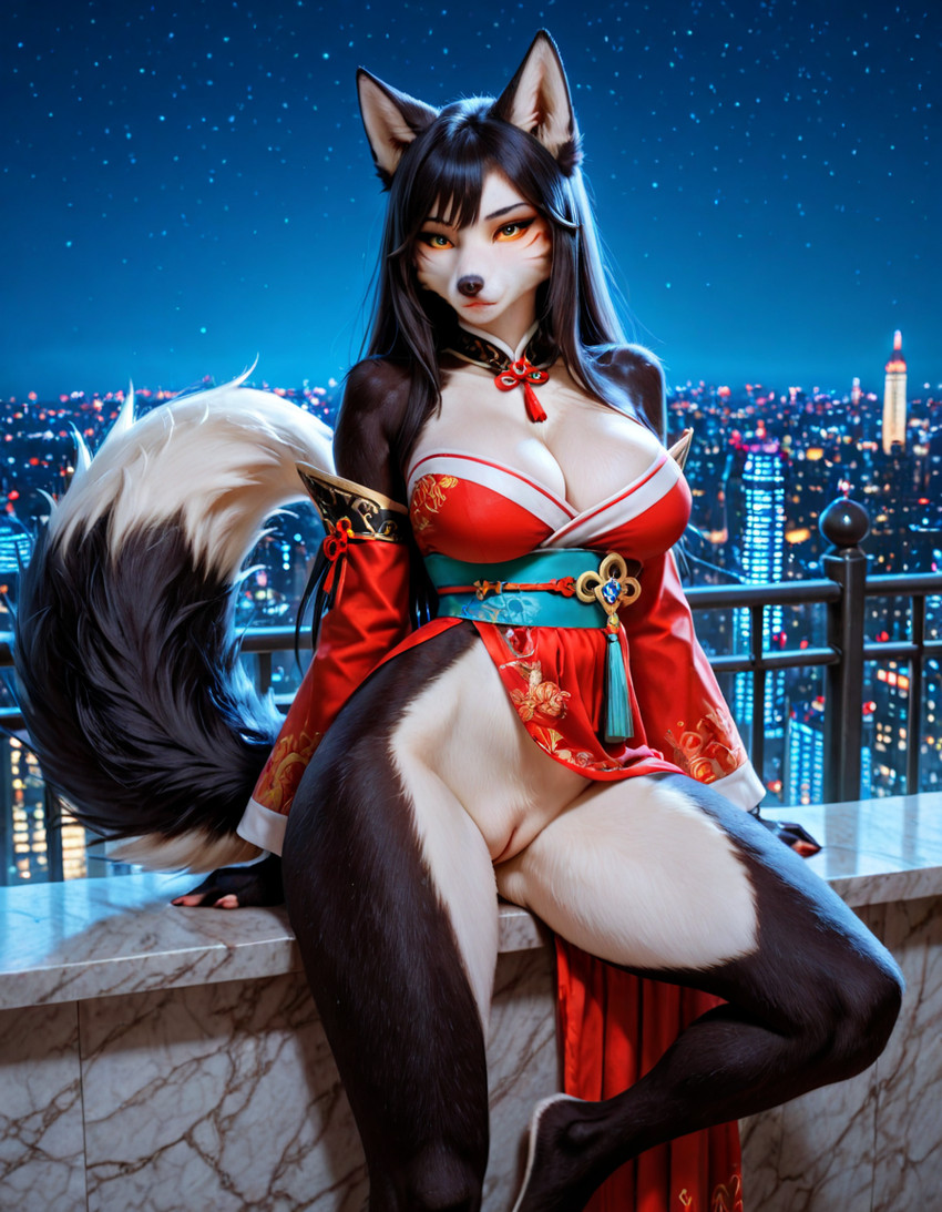 anthro bottomless city city_background clothed clothing dress female genitals looking_at_viewer night pussy solo standing denis0k league_of_legends riot_games tencent ahri_(lol) canid canine canis mammal wolf