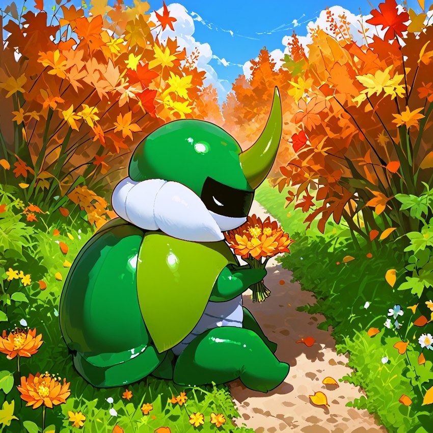 1_horn 2024 anthro autumn autumn_leaves bug_fables chubby_male cloud cloudy cute_expression cute_eyes cute_pose day detailed_background exoskeleton eyes_closed fantasy flower grass grass_field green_body holding_flower holding_object horn insect_wings landscape light male maple_leaf maple_tree nature nature_background one_eye_closed outdoors outside petals plant pony_diffusion_(model) public road sitting slightly_chubby solo solo_focus sunlight sunny tree video_games wings aizu1077 kabbu_(bug_fables) arthropod beetle insect colorful digital_drawing_(artwork) digital_media_(artwork) hi_res portrait