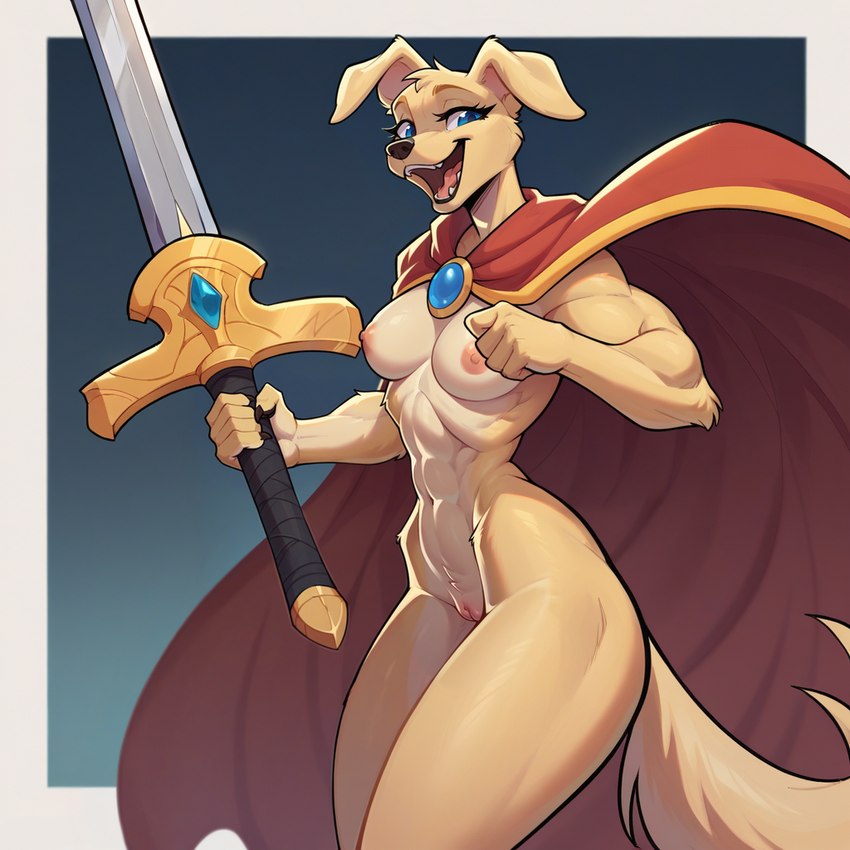 abs anthro athletic blue_eyes breasts cape clothing female from_side fur genitals happy holding_object holding_weapon looking_at_viewer medium_breasts melee_weapon nude nude_female open_mouth pussy simple_background small_waist smile solo sword weapon yellow_body yellow_fur wheel_of_fortune bird_dog canid canine canis domestic_dog golden_retriever hunting_dog mammal retriever