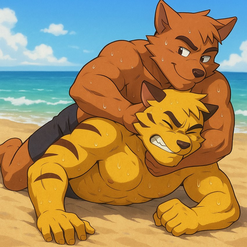 3_claws abs anthro beach bodily_fluids chockehold claws eyes_closed fight male male/male muscular sand sea seaside solo swat_kats sweat water zidanes123 chance_furlong felid feline mammal