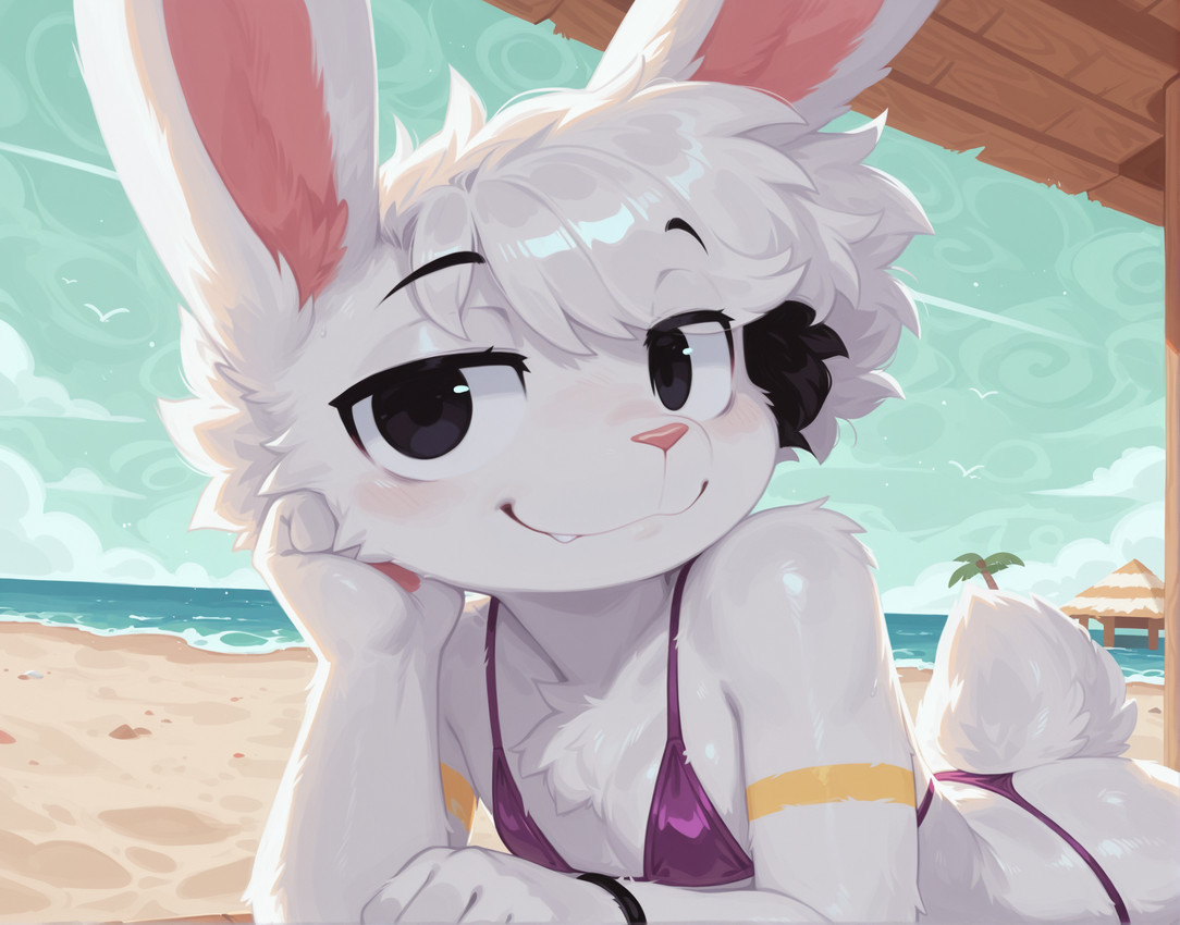 anthro beach bikini black_hair clothing fangs hair male multicolored_hair outside sea seaside solo swimwear teeth water white_body white_hair schuggernaut lagomorph leporid mammal rabbit hi_res