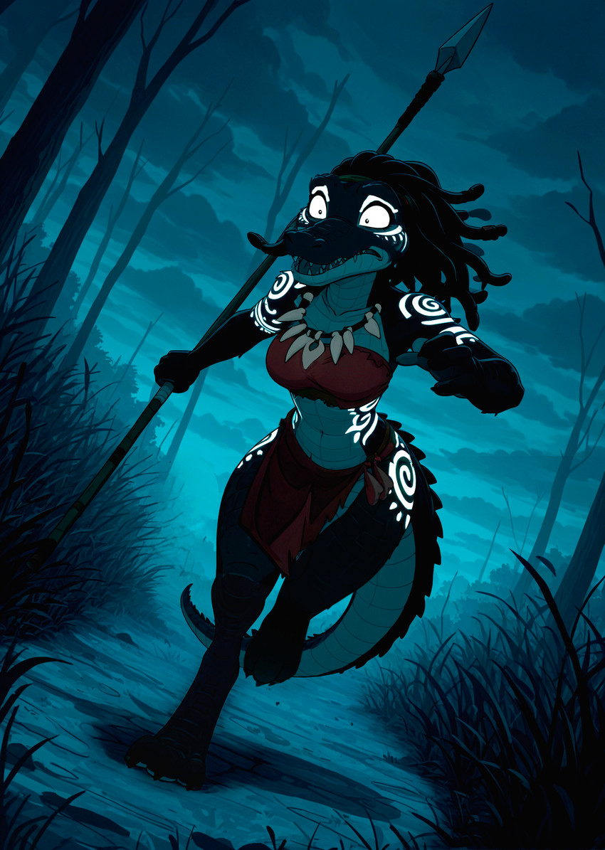3_toes anthro barefoot digitigrade dreadlocks feet female forest glowing glowing_tattoo holding_object holding_weapon jewelry markings melee_weapon necklace night open_mouth outside plant polearm running scared solo spear tattoo teeth toes tree tribal tribal_clothing tribal_jewelry tribal_markings tribal_necklace tribal_tattoo weapon loren_iipsum hi_res