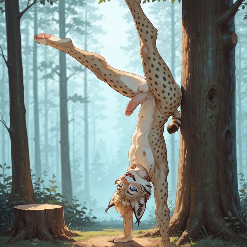 anthro balls big_penis blonde_hair blue_eyes digitigrade ear_tuft erection forest fur genitals hair handstand happy humanoid_genitalia humanoid_penis leaning leaning_on_tree looking_at_viewer male markings multicolored_body multicolored_fur nipples nude open_mouth pawpads penis plant playful short_tail slim smile solo spots spotted_markings tan_body tan_fur tree tree_stump tuft two_tone_body two_tone_fur upside_down yellow_body yellow_fur icat44615 felid feline lynx mammal hi_res