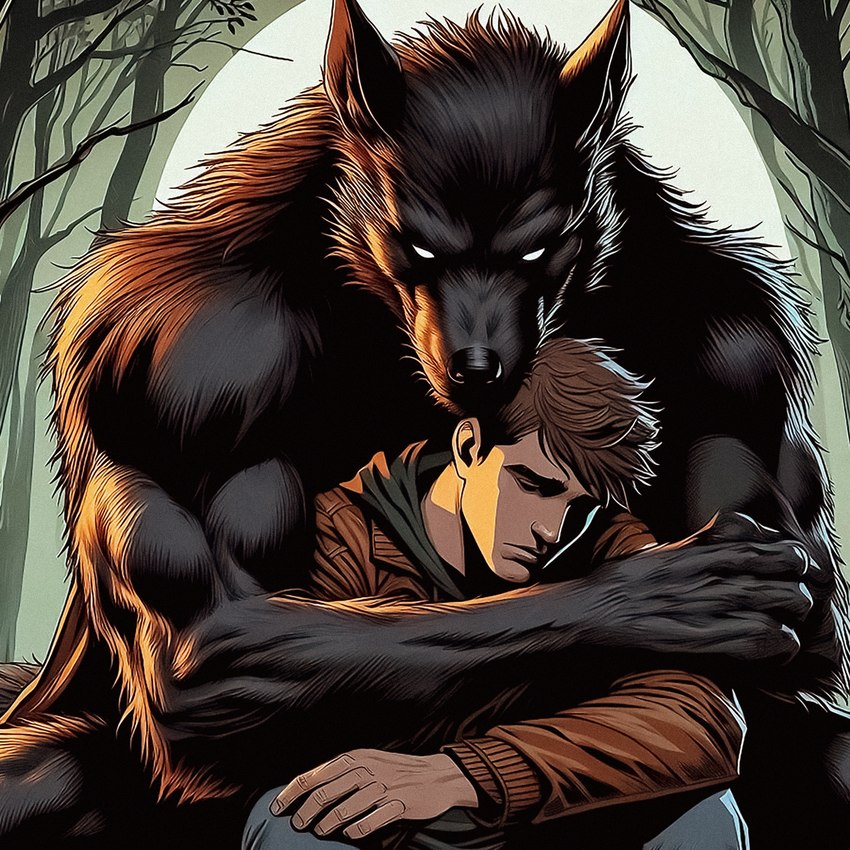 anthro backlighting biceps big_biceps big_deltoids big_forearm_muscles big_muscles big_triceps biped black_body black_ears black_fur black_inner_ear_fluff black_inner_ears black_nose brown_clothing brown_hair brown_jacket brown_topwear clothed clothed_human clothed_male clothing dall-e_3 dark_body dark_fur deltoids detailed_background duo ellipsis embrace empty_eyes eyebrows eyes_closed forearm_muscles forest forest_background front_view full_moon fur hair head_on_head hug hugging_from_behind humanoid_ears humanoid_hands humanoid_nose inner_ear_fluff jacket larger_anthro larger_male light light_body light_skin looking_at_another looking_down male monotone_body monotone_fur monotone_hair monotone_skin moon moonlight muscular muscular_anthro muscular_arms muscular_male nature nature_background night outside plant prick_ears sad short_hair sitting size_difference slim slim_human slim_male smaller_human smaller_male snout tan_body tan_skin topwear tree triceps tuft zenithwolf canid canine canis human mammal were werecanid werecanine werewolf wolf 1:1 detailed digital_drawing_(artwork) digital_media_(artwork) hi_res lighting shaded